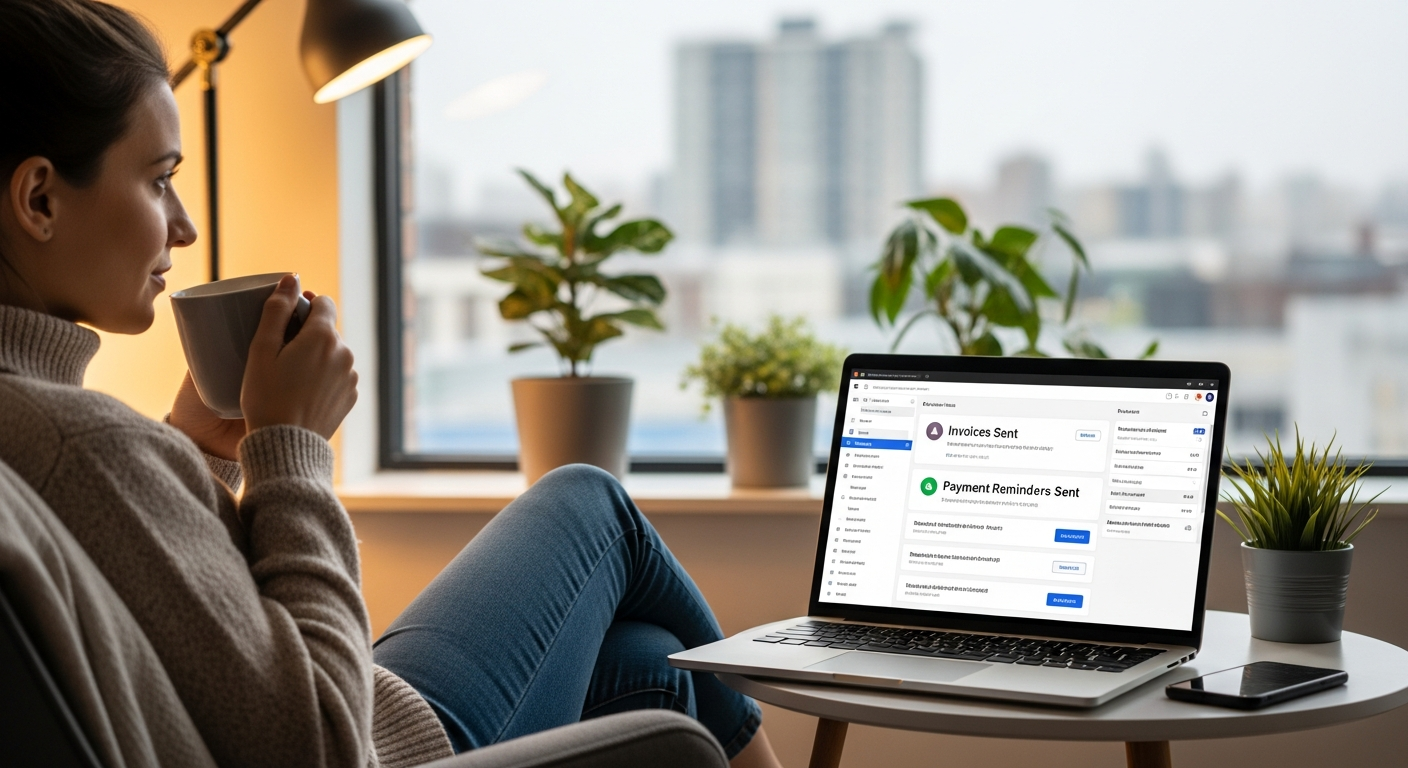Business owner relaxing with coffee while invoices and payment reminders are automatically sent on laptop screen